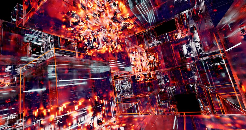Obra digital abstracta con cubos futuristas y luces neón